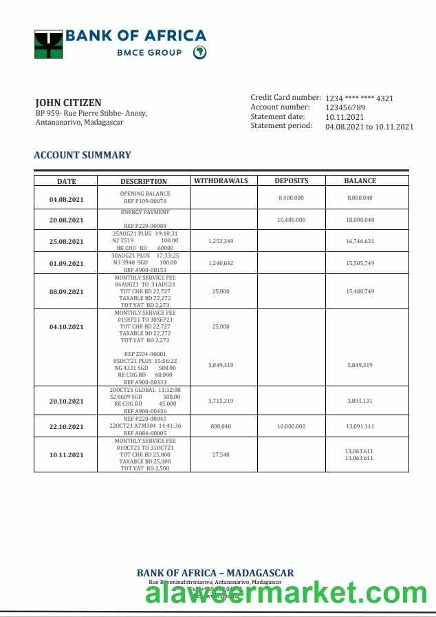 Madagascar Bank of Africa bank statement